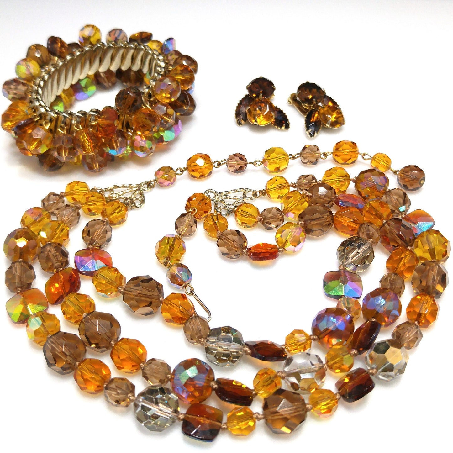 Topaz Crystal Necklace Bracelet Earrings Set, Aurora Borealis, 1960s Vintage Jewelry