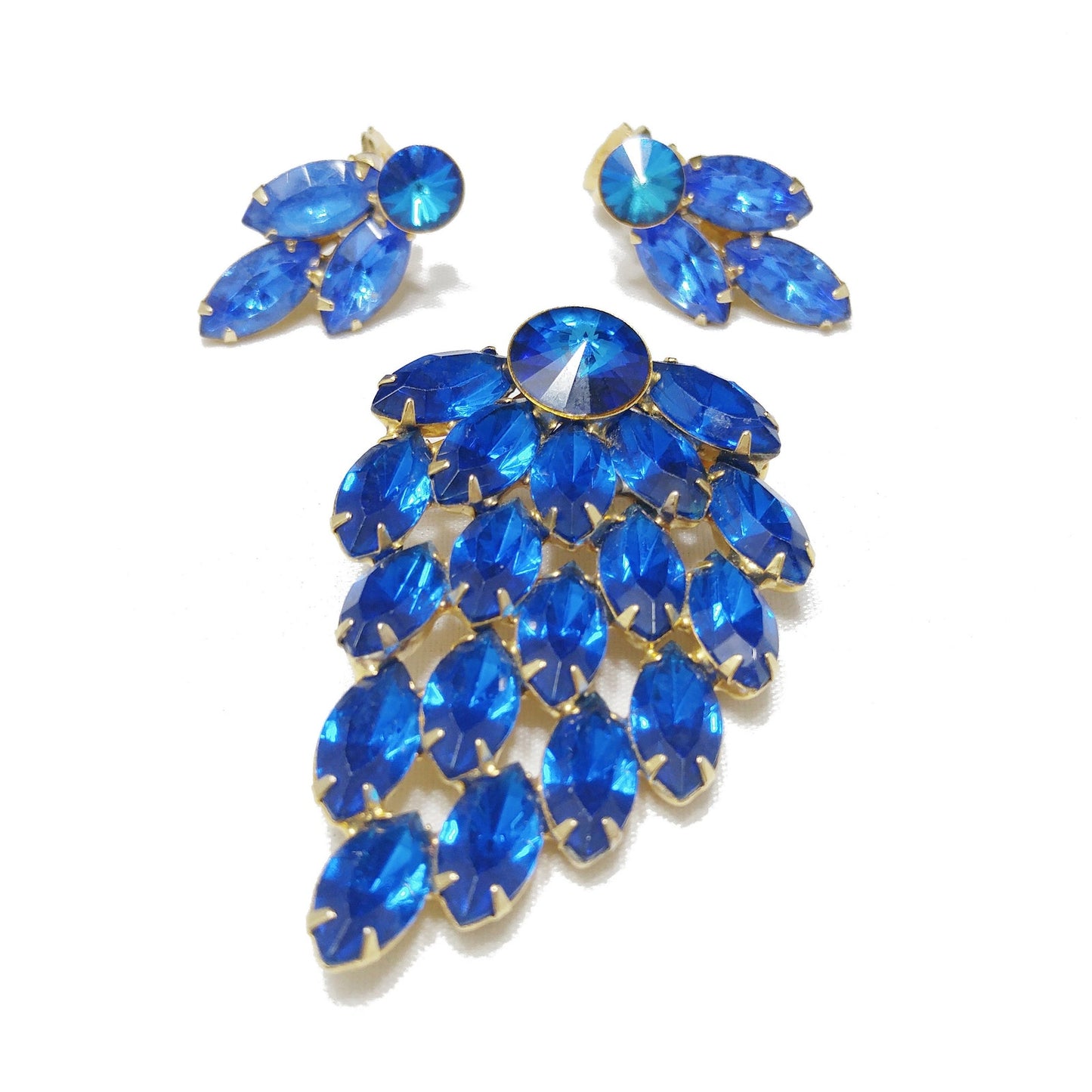 Mid Century Blue Rivoli Brooch & Earrings, Gold Plated, 1960s Vintage Jewelry