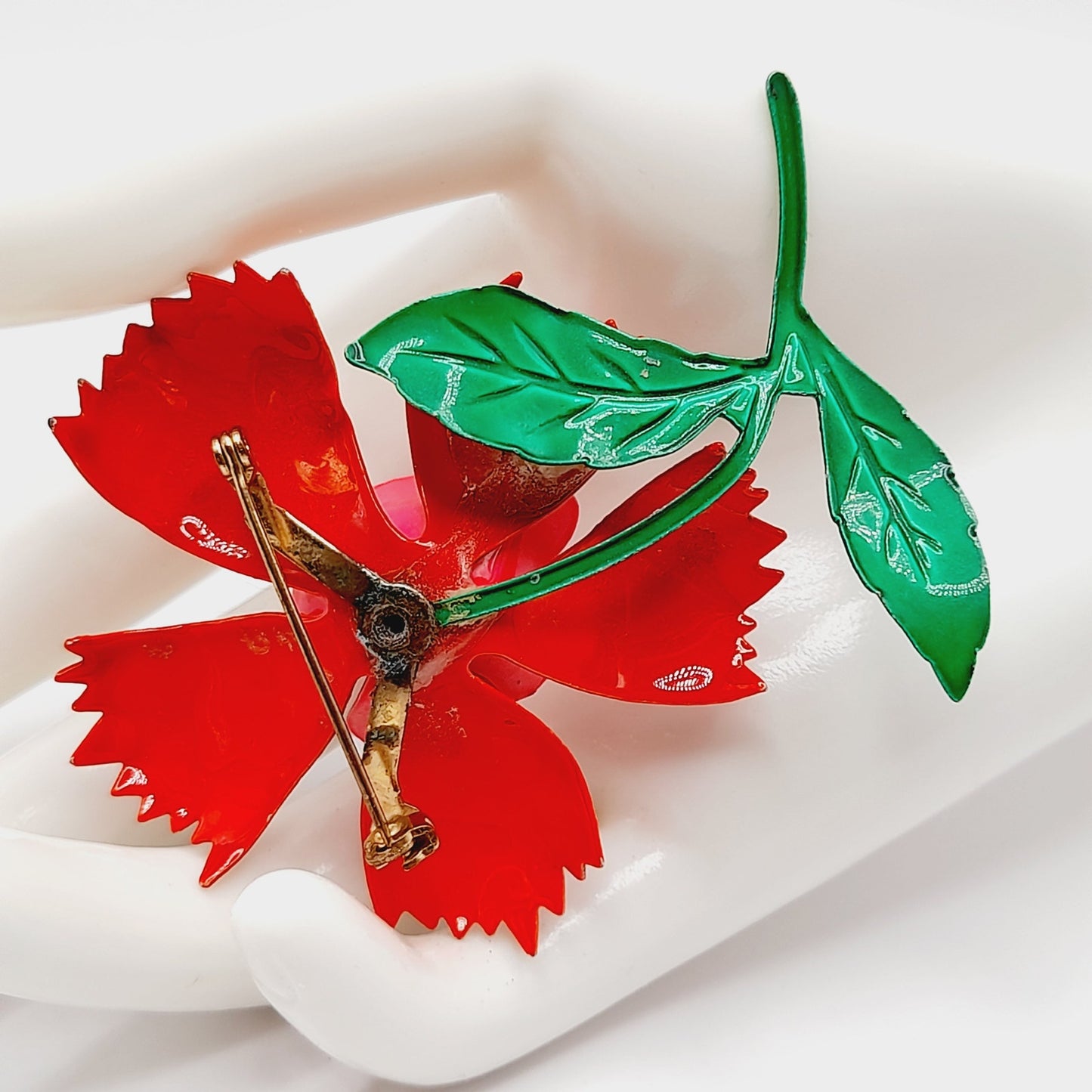 Vintage 1960s Red Green Enamel Flower Brooch