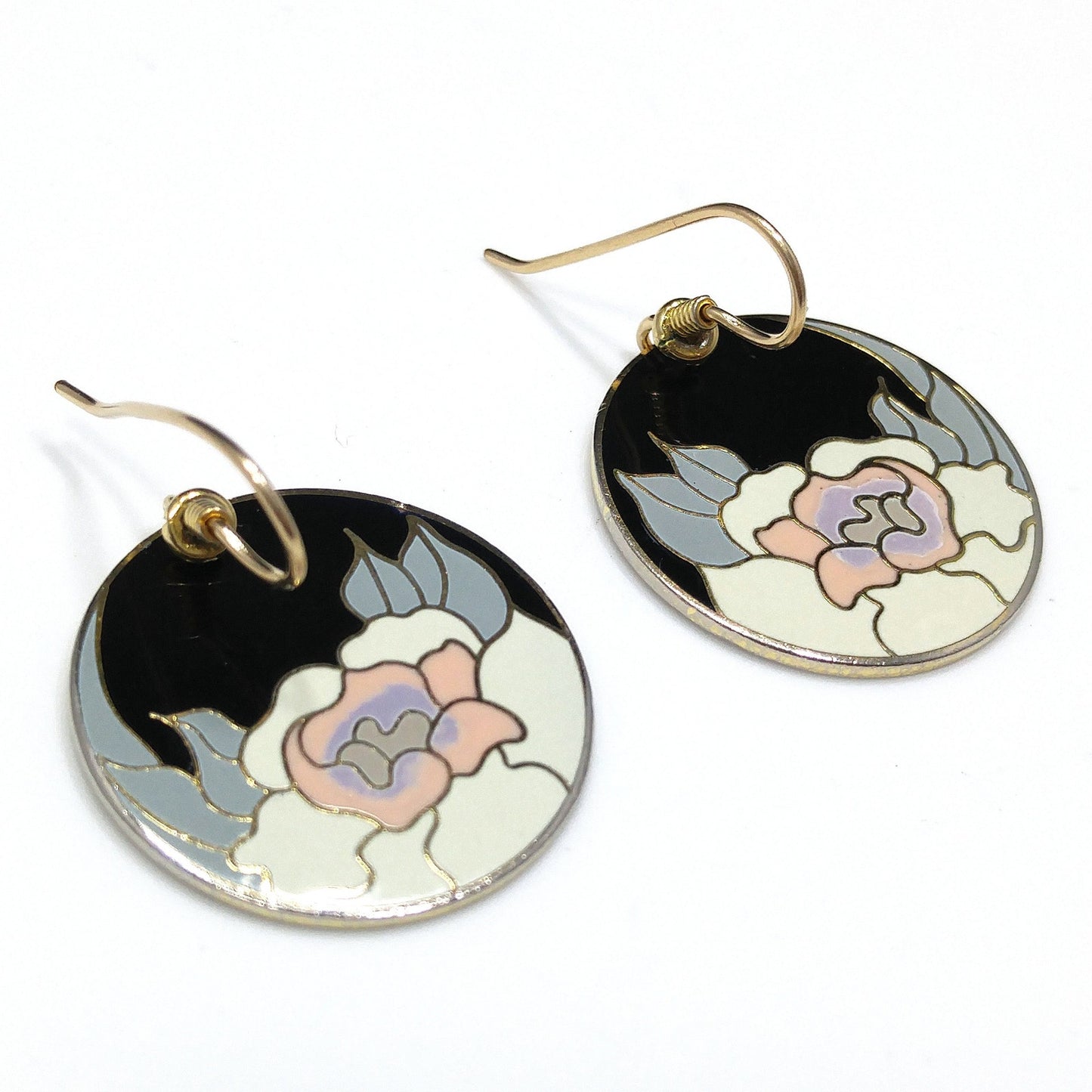Vintage Laurel Burch "Garden Rose" Earrings, Gold Plated Cloisonné