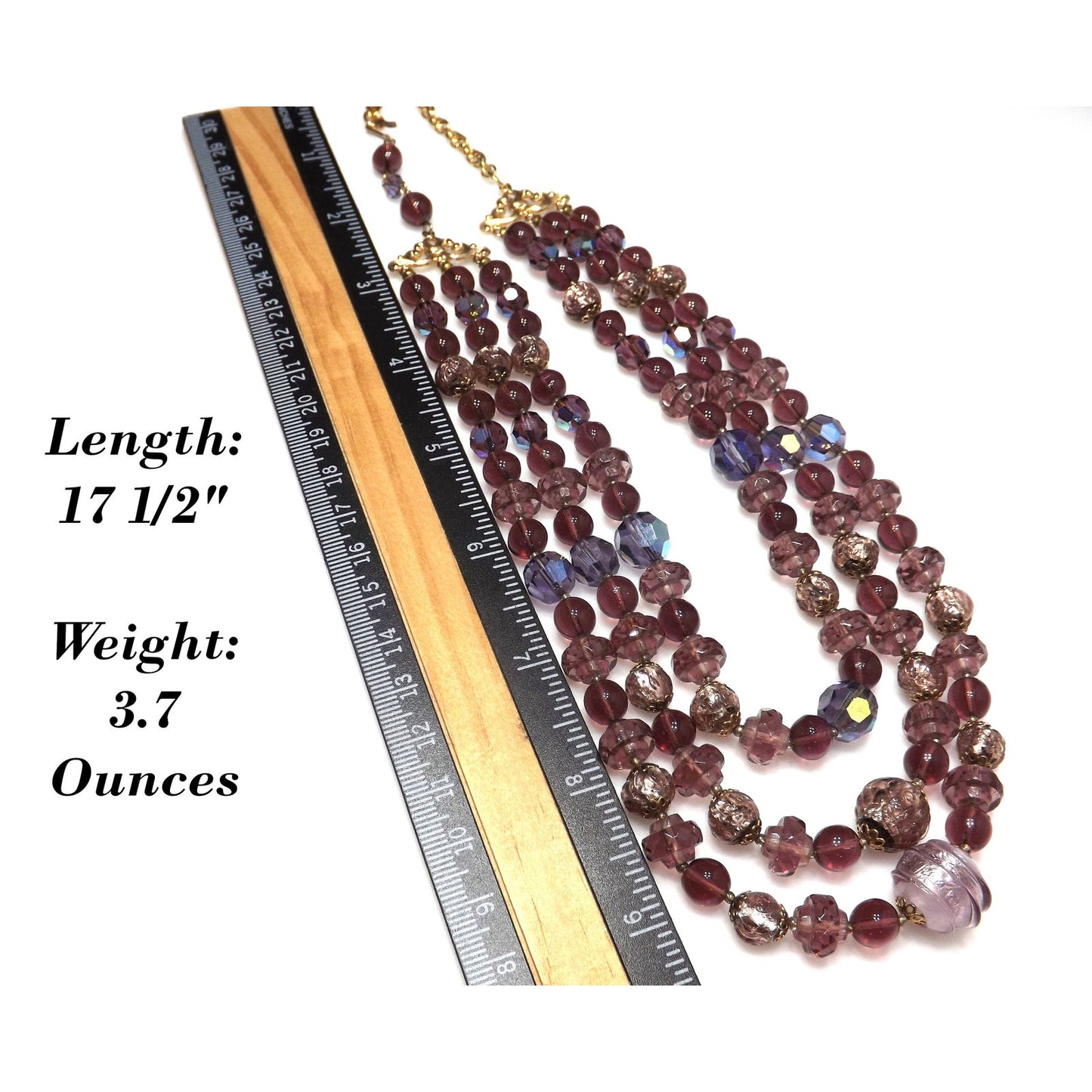 Art Glass Purple Gold Foil Beaded Necklace, Three Strands, 1960s Vintage Jewelry
