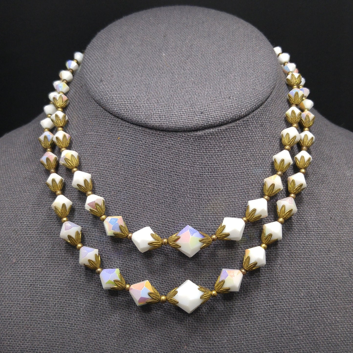 White Crystal Fire Polished Two Strand Necklace, Golden Brass End Caps, 1950s Vintage Jewelry