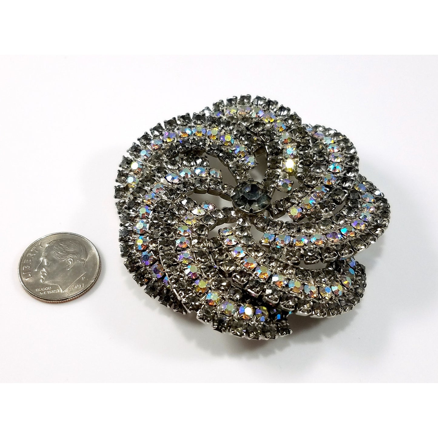Vintage Pinwheel Rhinestones Brooch, AB Rhinestones, Rhodium Plated, 1960s