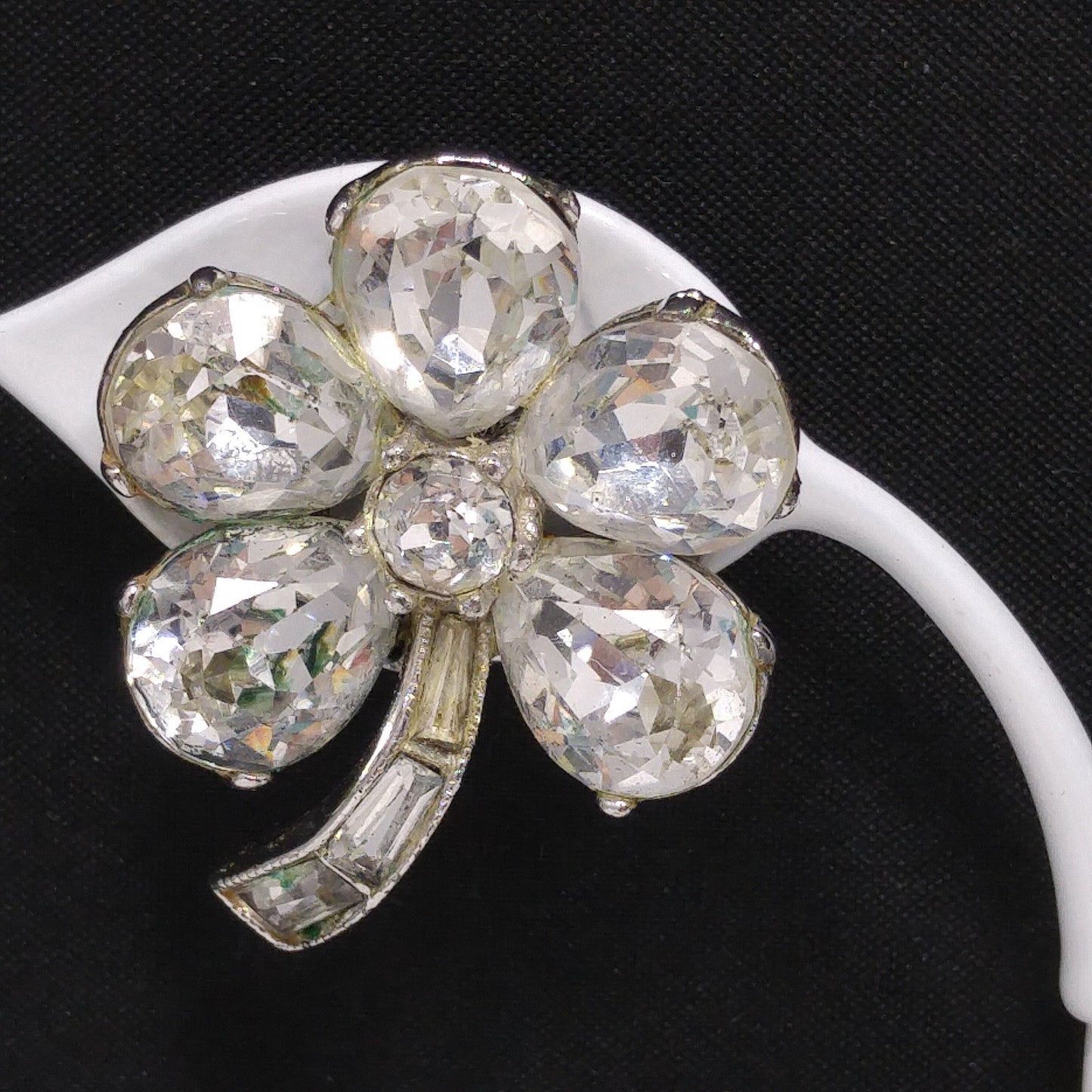 Bogoff Clear Rhinestone Floral Earrings, Rhodium Plated, Wedding Earrings, 1950s Vintage Jewelry