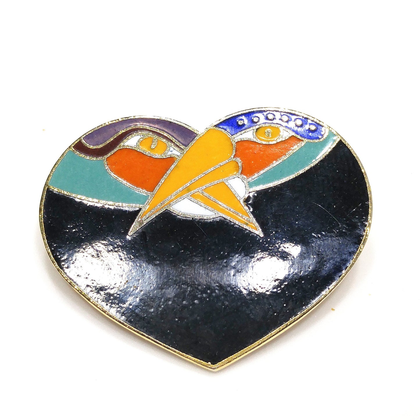 Laurel Burch Two Bird Heart Brooch, Gold Plated Cloisonne, 1980s Vintage Jewelry