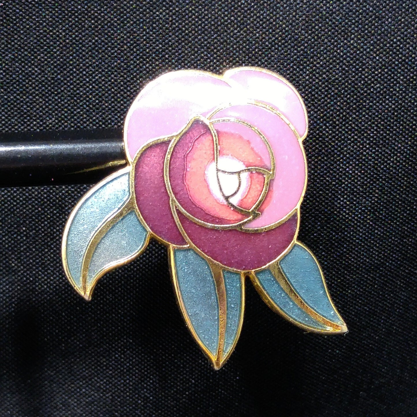 Laurel Burch "Deco Rose" Clip On Earrings, Pink Red Green Enamel, Gold Plated
