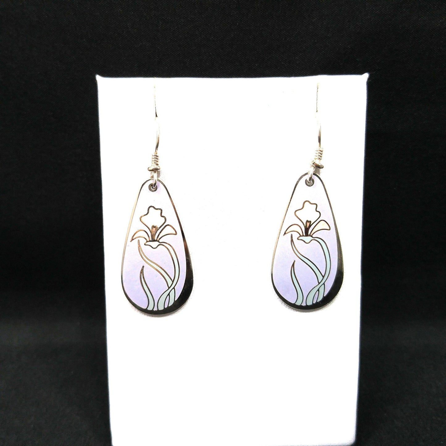 Laurel Burch "Wild Iris" Cloisonne Earrings, Lavender Enamel, White & Pink Flower, Rhodium Plate, 1980s Vintage Jewelry
