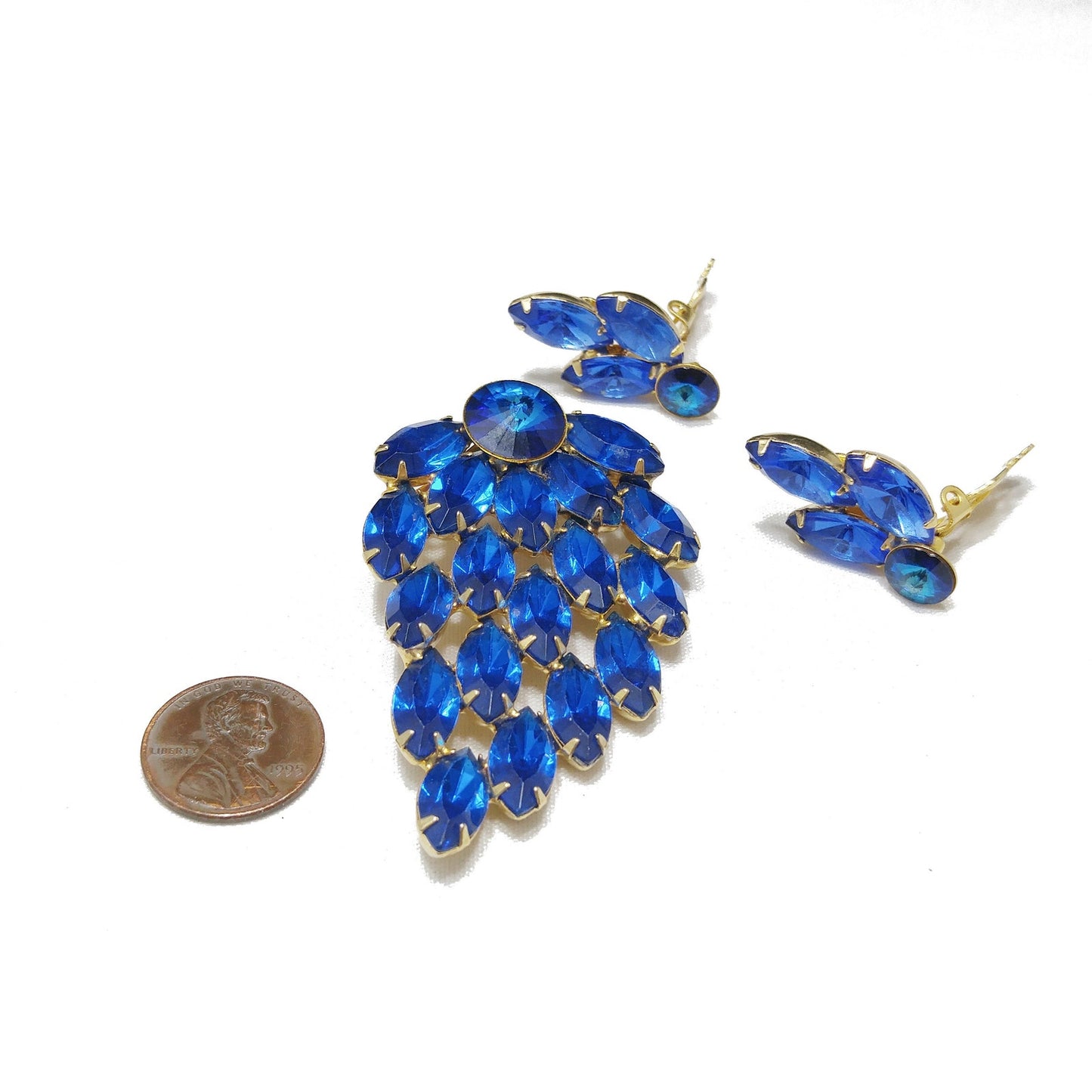 Mid Century Blue Rivoli Brooch & Earrings, Gold Plated, 1960s Vintage Jewelry