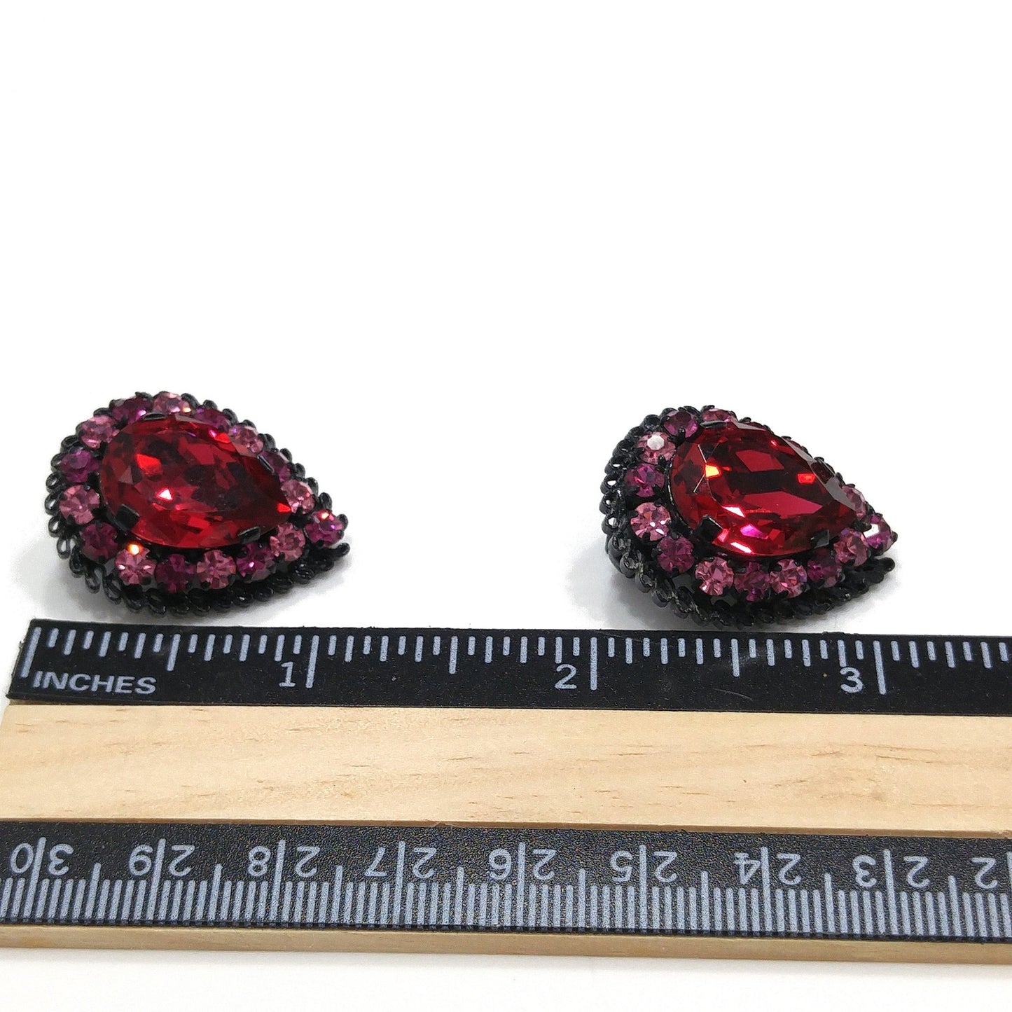 Made in Austria Red Pink Rhinestone Earrings, Japanned Black Metal, 1960s Vintage