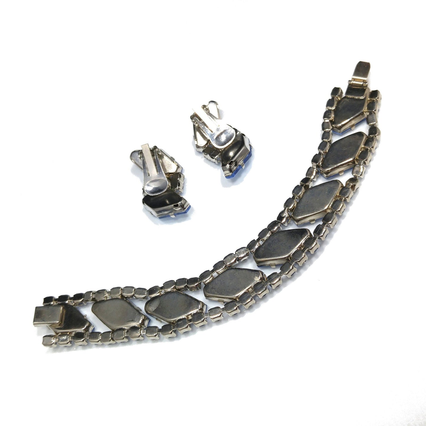 Light Blue Rhinestone Bracelet & Clip Earrings, Rhodium Plated, Ear Climbers, 1960s Vintage Jewelry