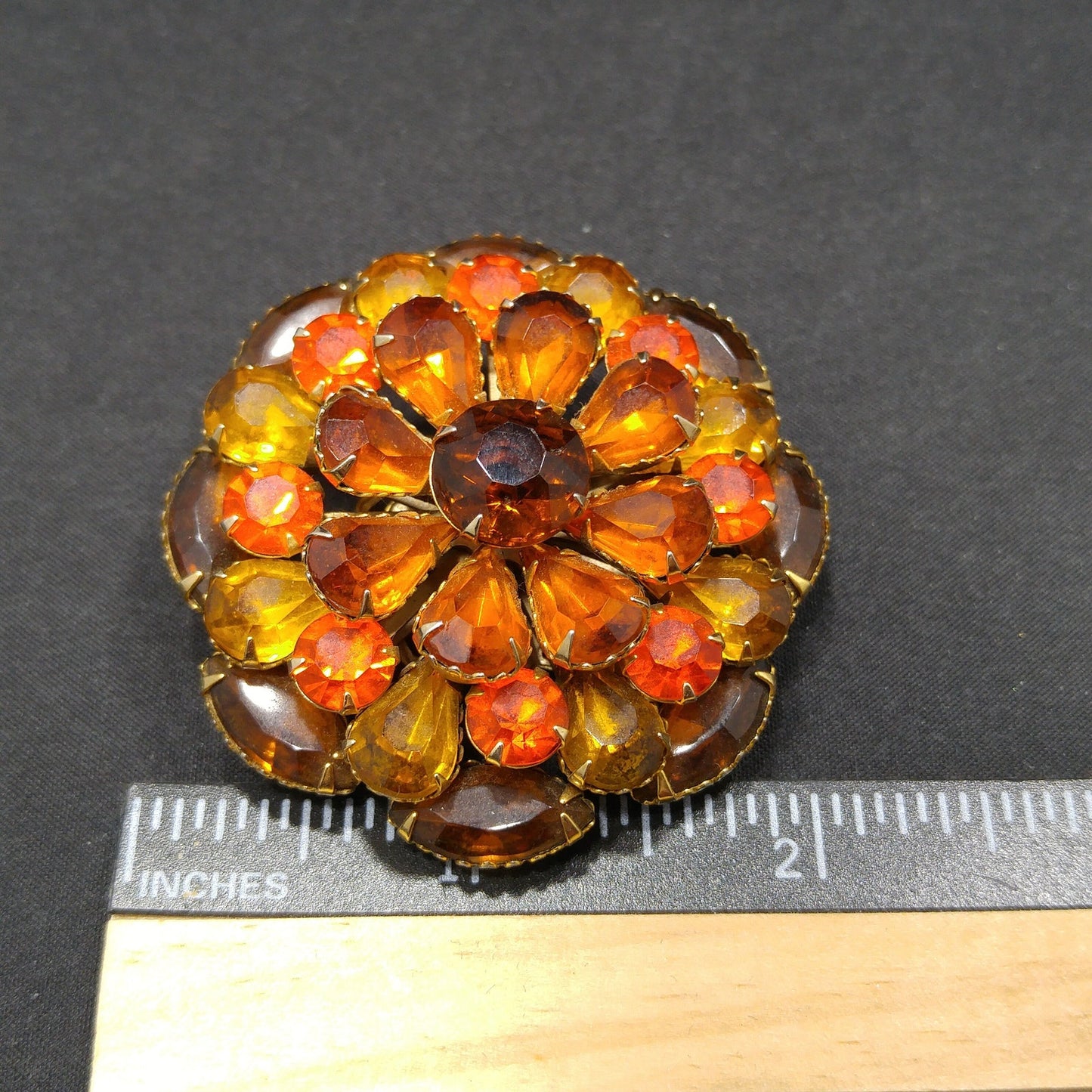 Autumn Fall Rhinestone Flower Brooch, Riveted Design, 1950s Vintage Jewelry
