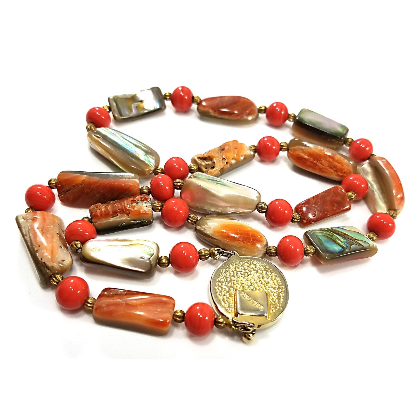 Castlecliff Abalone Beaded Necklace, Orange Glass Beads, Gold Plated Abalone Clasp, 1960s Vintage Jewelry