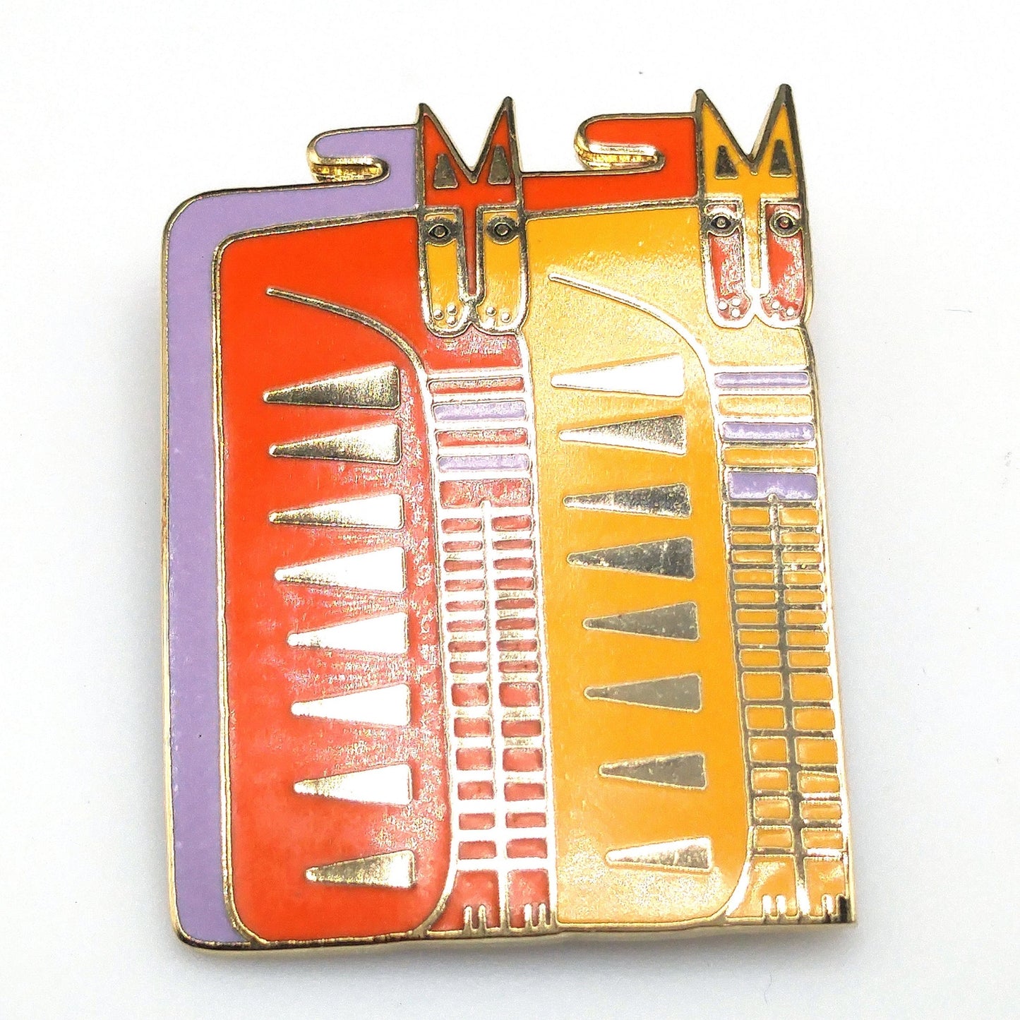Laurel Burch "Egypticat" Brooch, Cloisonne Gold Plated, Yellow Orange Enamel Cats, 1980s Vintage Jewelry