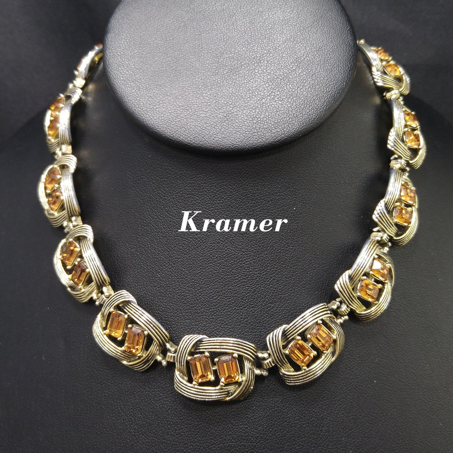 Kramer Topaz Rhinestone Choker Necklace, Gold Plated Black Enamel, 1950s Vintage Jewelry