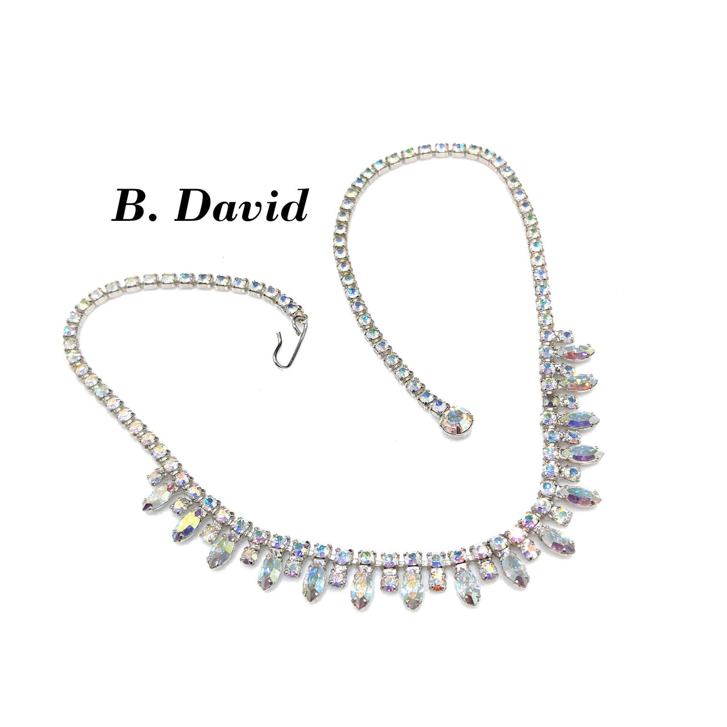 B. David Aurora Borealis Rhinestone Necklace, Rhodium Plated, 1960s Vintage