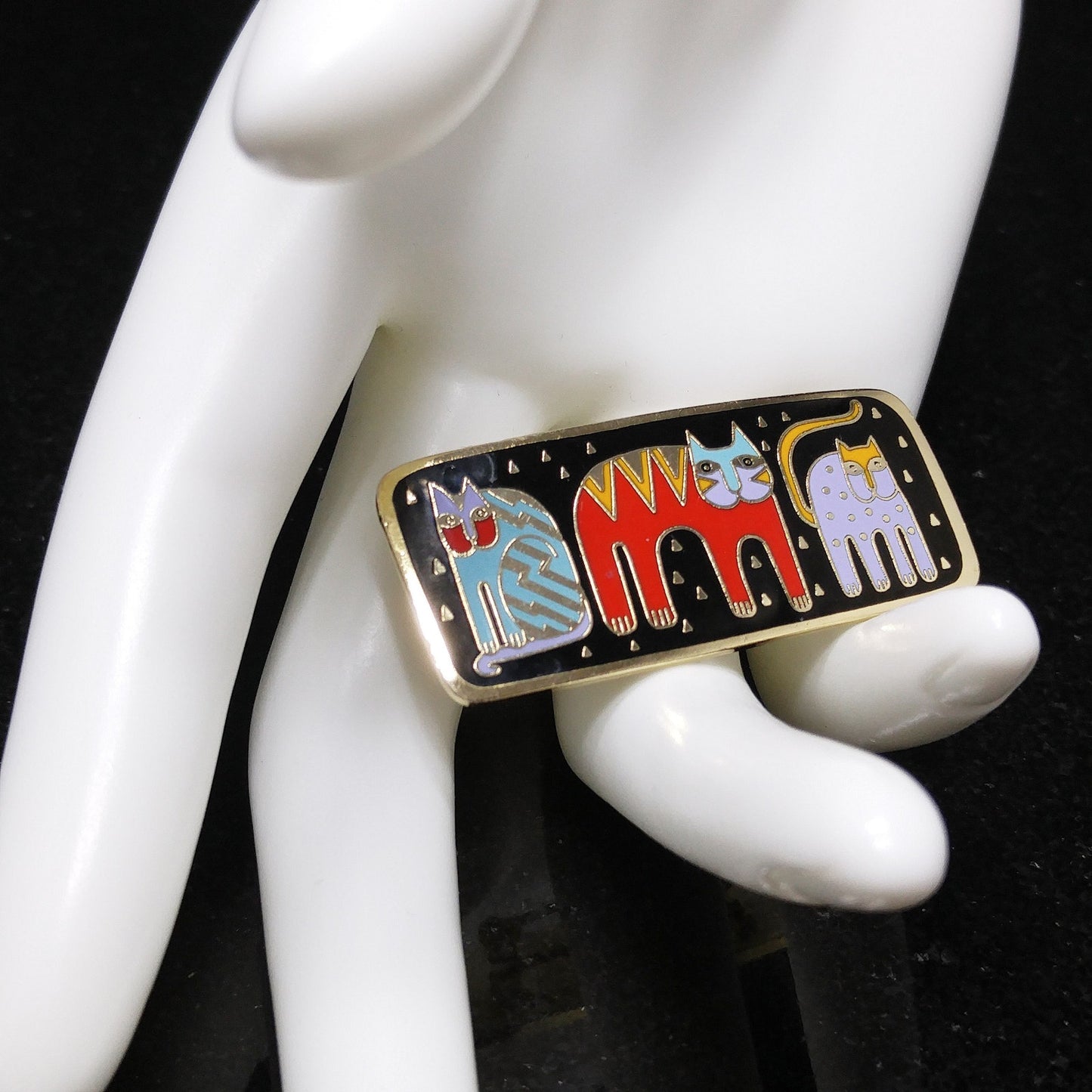 Laurel Burch "Fantastic Felines" Enamel Brooch, Gold Plated Cloisonne, 1980s