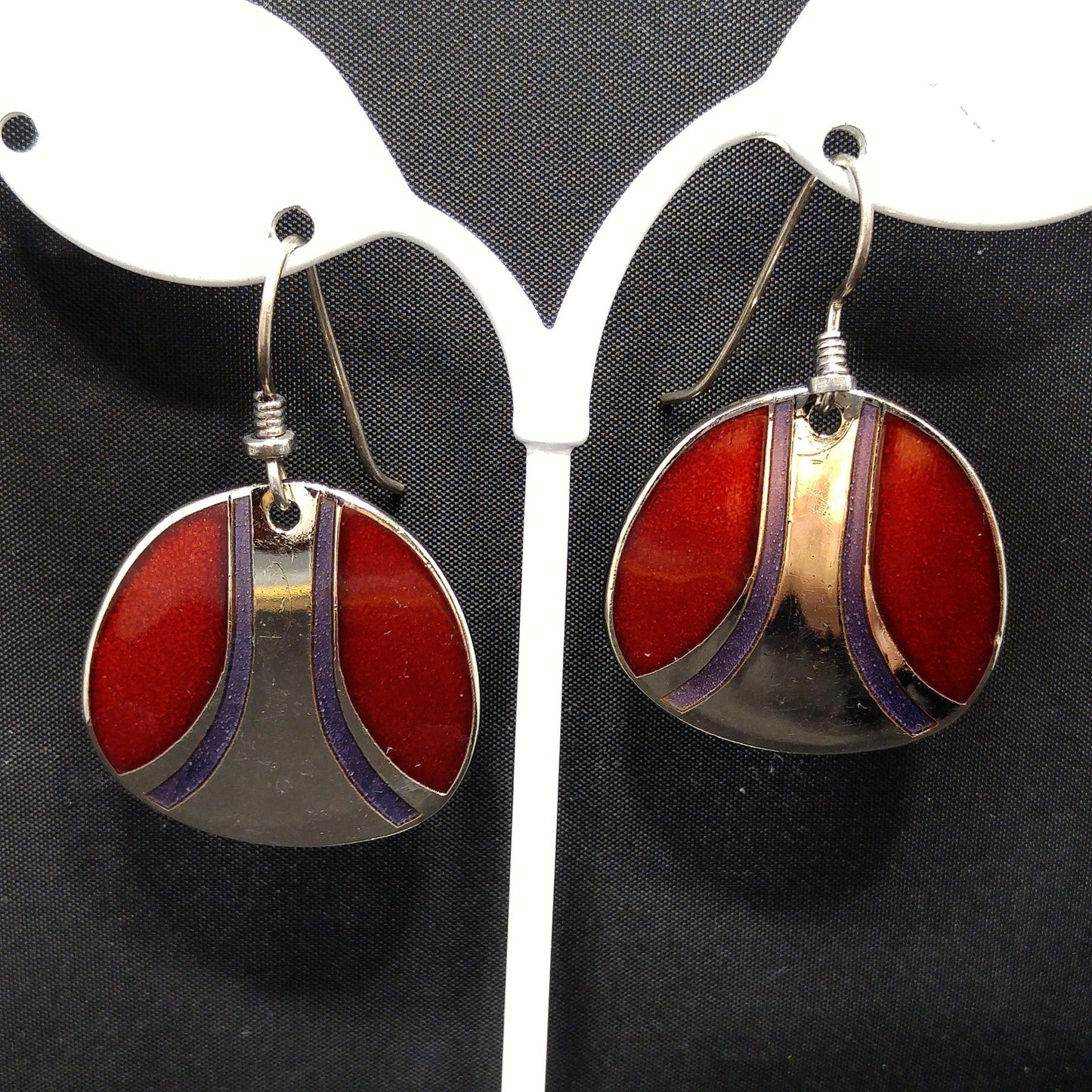 Vintage Laurel Burch Red Metallic Purple Silver Earrings, Rhodium Plated