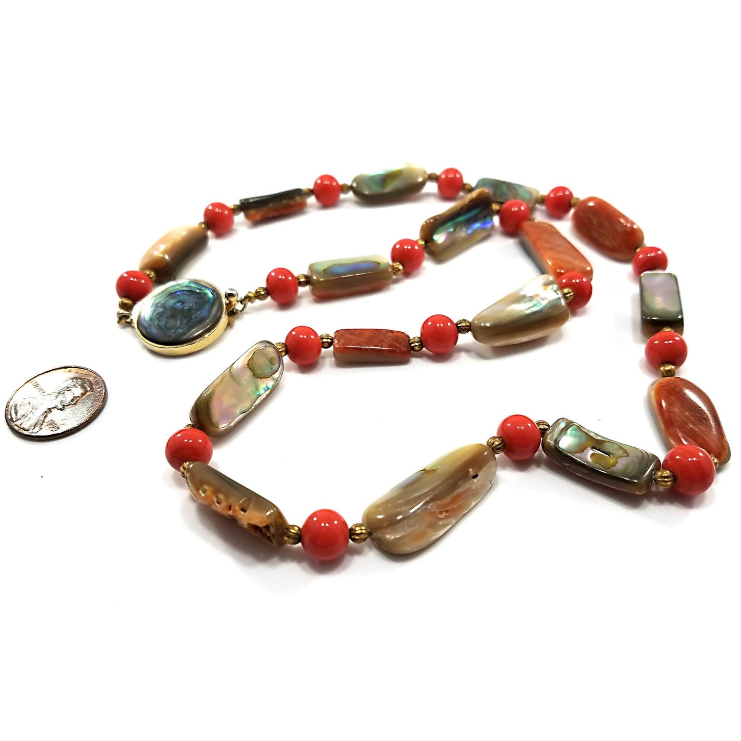 Castlecliff Abalone Beaded Necklace, Orange Glass Beads, Gold Plated Abalone Clasp, 1960s Vintage Jewelry