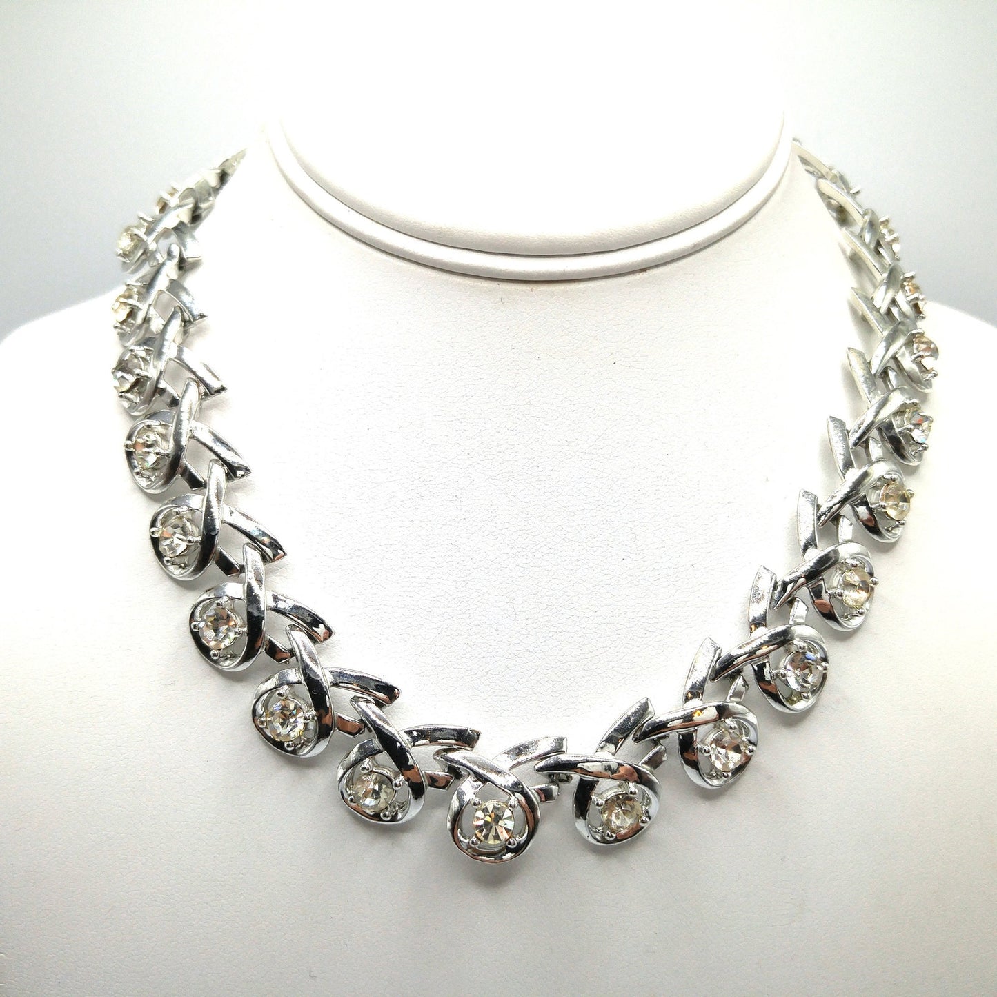 Clear Rhinestone Choker Necklace, Rhodium Plated, 1960s Vintage Jewelry