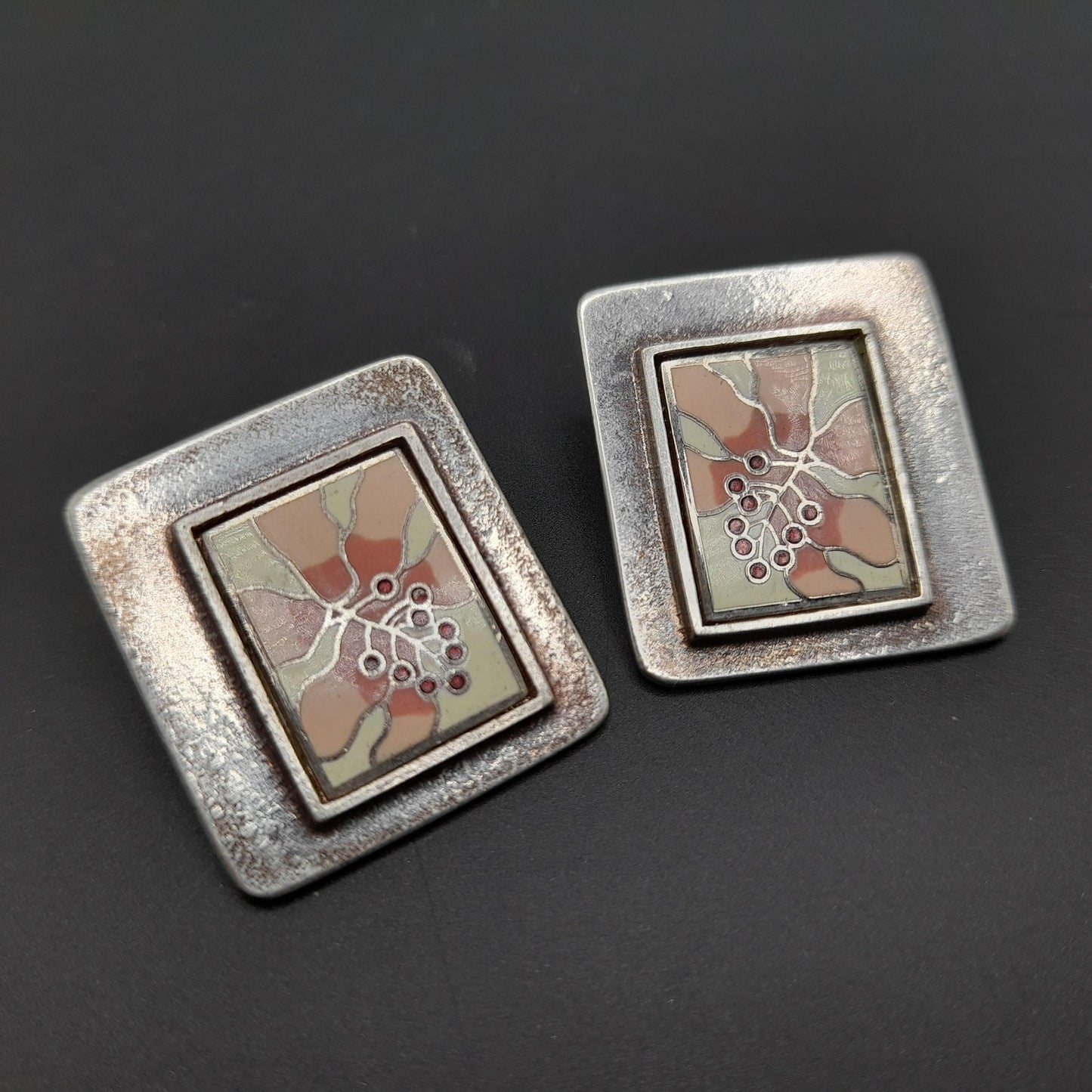 Laurel Burch Pink Flower Clip Earrings, Silver Plate, Cloisonne Enamel, 1980s Vintage Jewelry