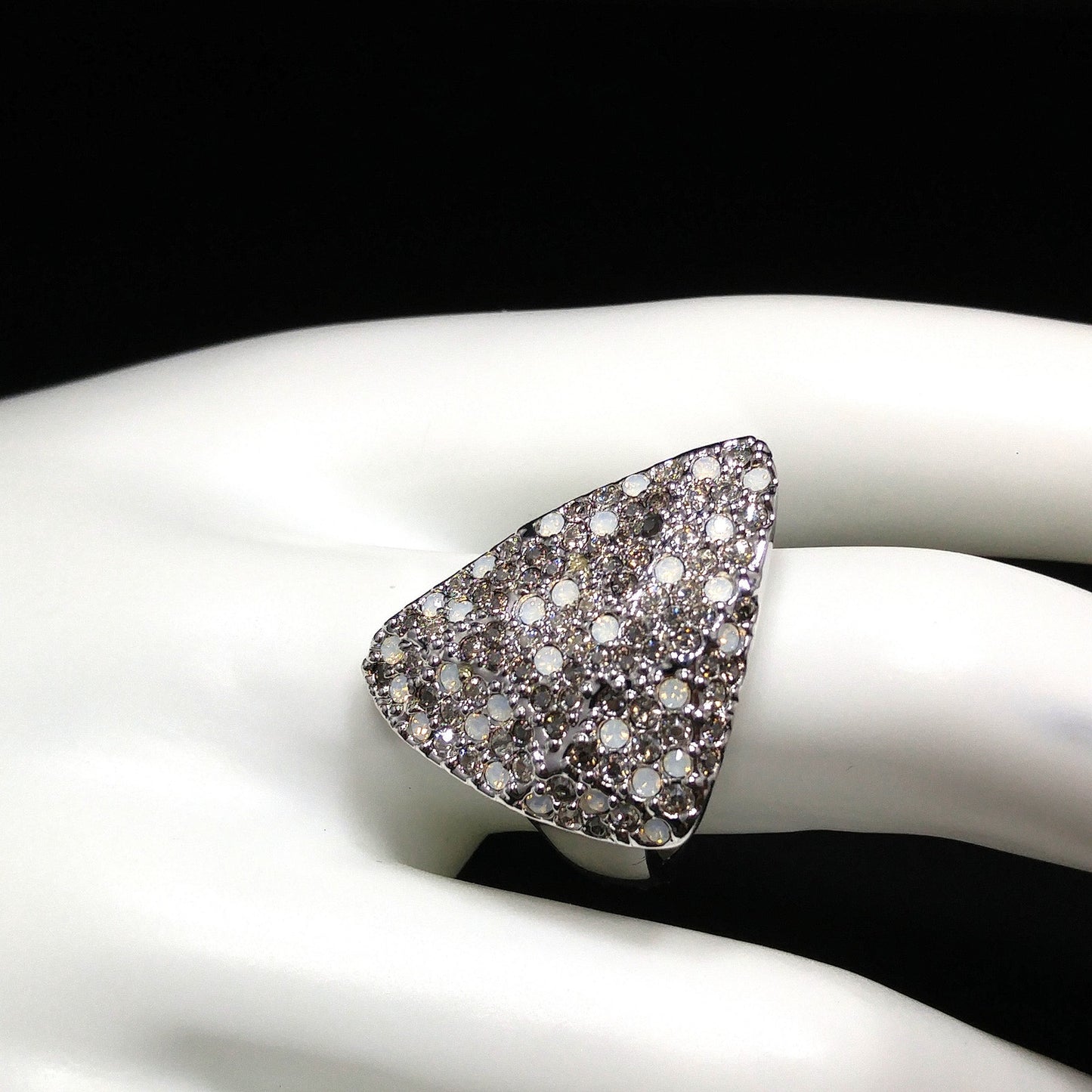 Swarovski Rhinestone Cocktail Ring, Triangular Shape, Clear Smoky & Faux Opal Crystals, Vintage Size 8.5, Swan Logo