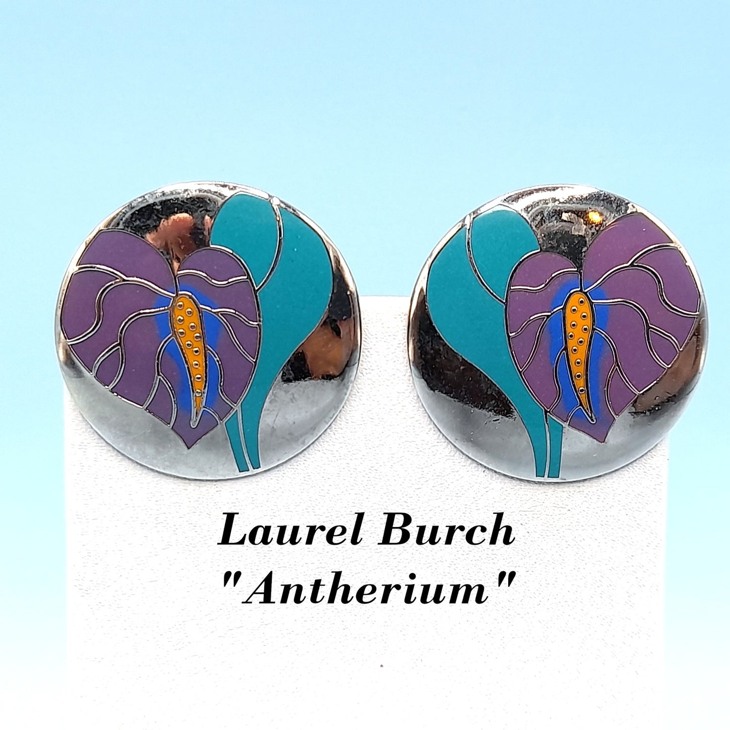 Vintage Laurel Burch Antherium Rhodium Plated Earrings