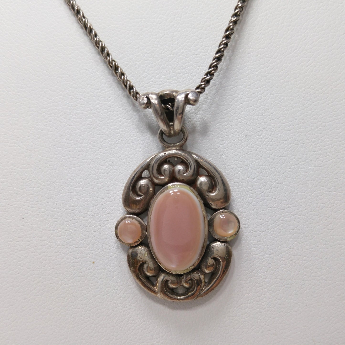 Barse Sterling Silver Pink Necklace, Large Pink Pearled Cabochon, 1990s Vintage Jewelry