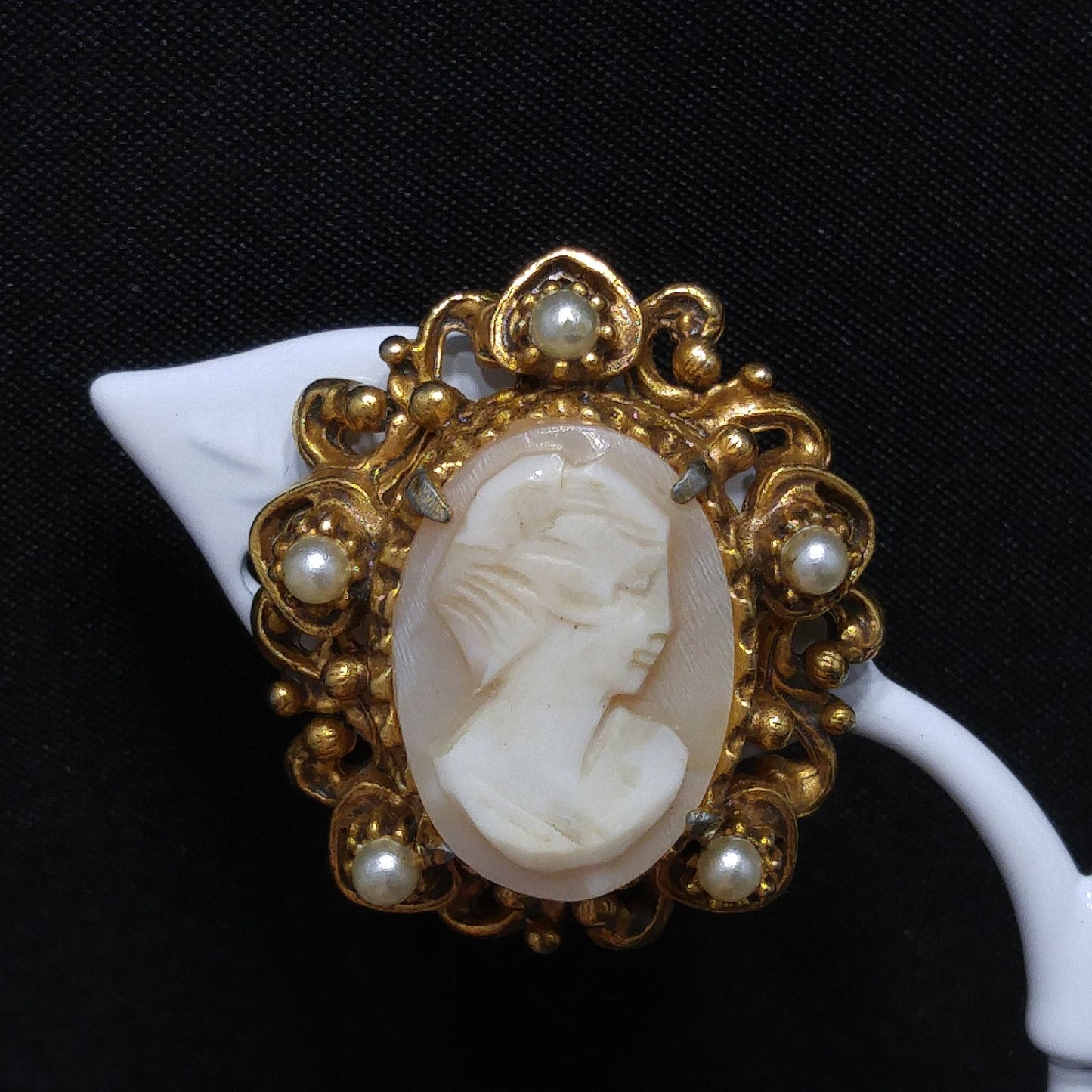 Florenza Cameo Clip Earrings, Hand-carved Shell, Gold Plated, 1950s Vintage Jewelry