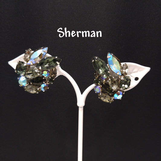 Sherman Black Diamond Rhinestone Earrings, Aurora Borealis, 1960s Vintage Jewelry