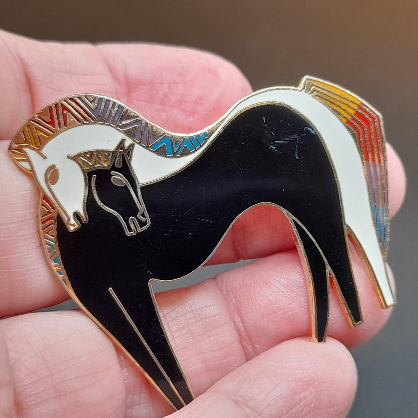 Laurel Burch "Embracing Horses" Brooch, Gold Plated, Black White Horse, 1980s Vintage Jewelry