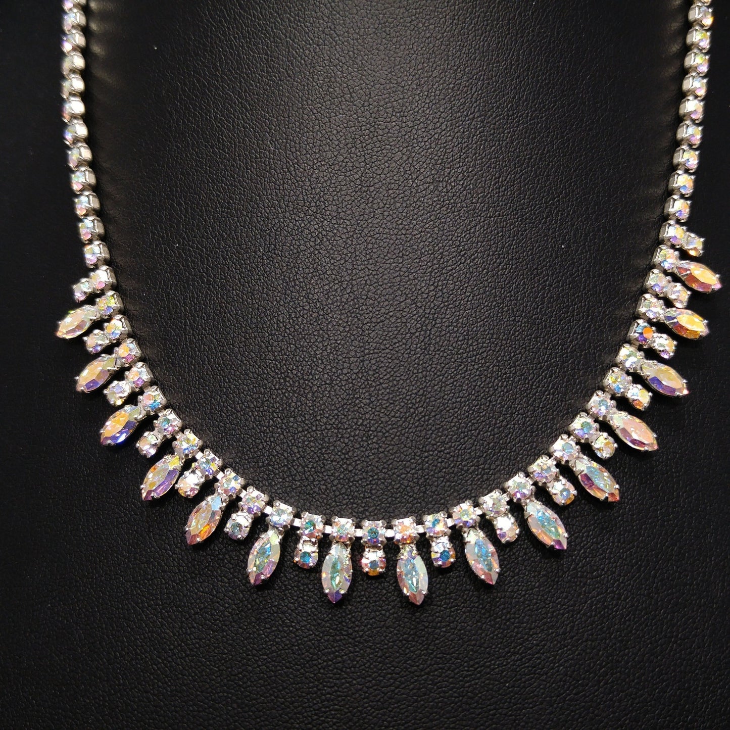B. David Aurora Borealis Rhinestone Necklace, Rhodium Plated, 1960s Vintage