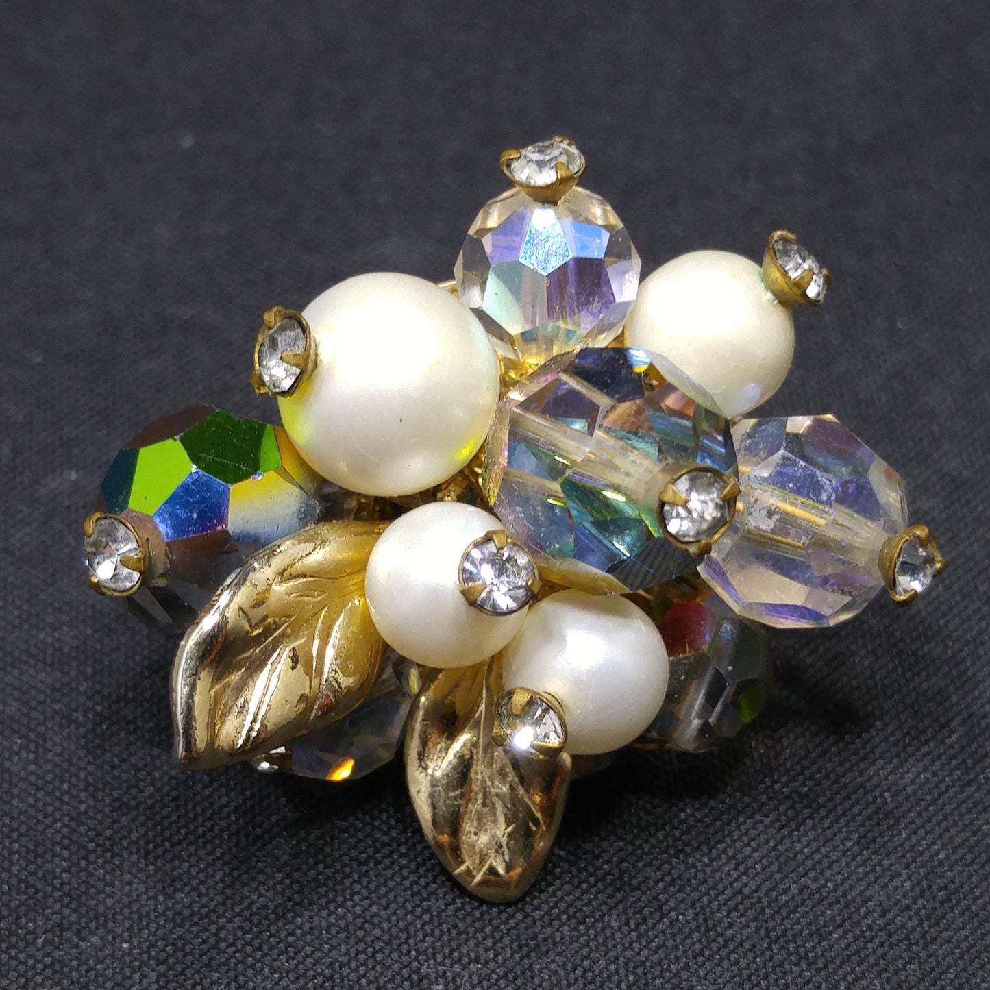 Vendome Floral Bead Crystal Clip Earrings, Faux Pearls, Vitrail Crystal, 1960s Vintage Jewelry