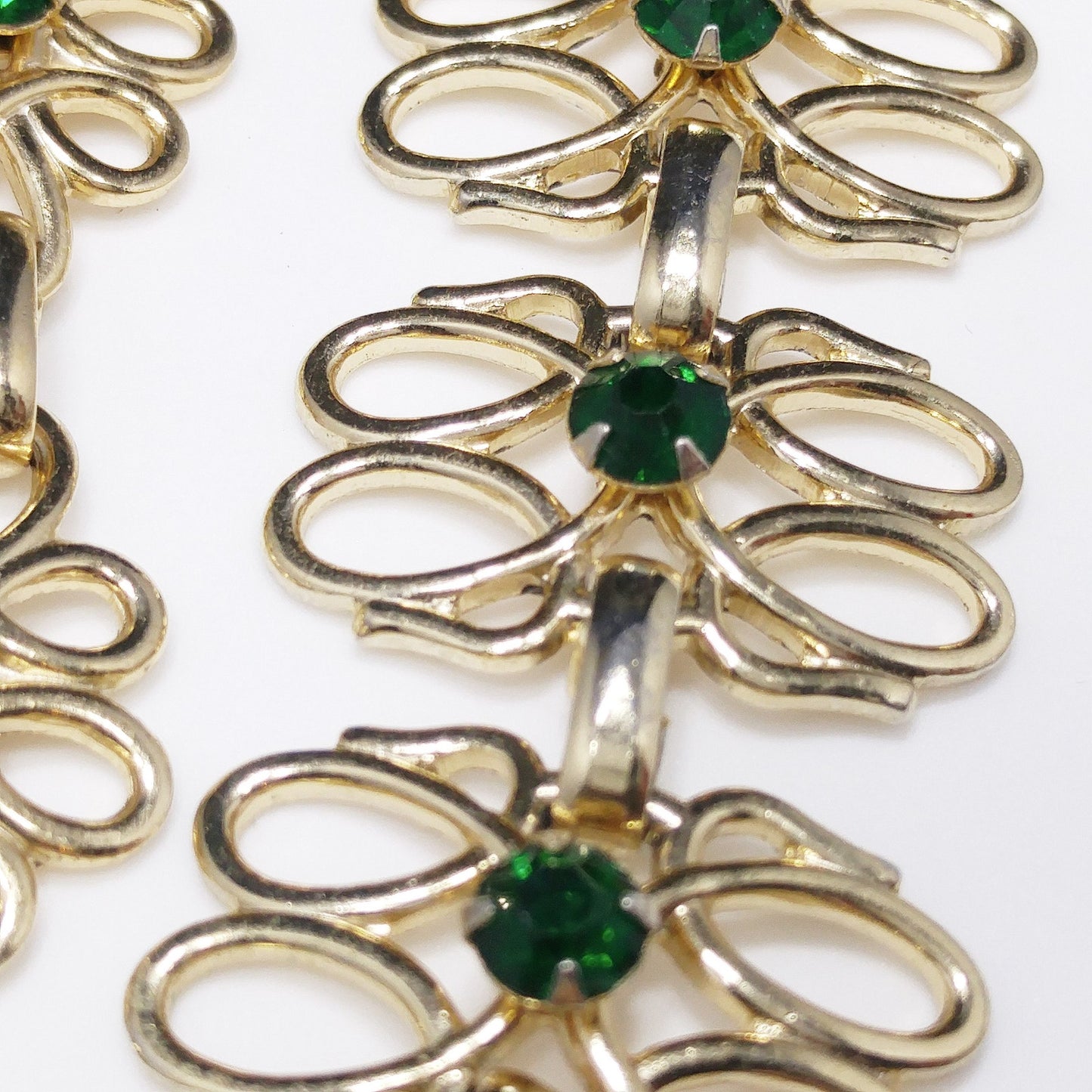 Green Rhinestone Necklace & Bracelet Set, Gold Tone, 1950s Vintage Jewelry