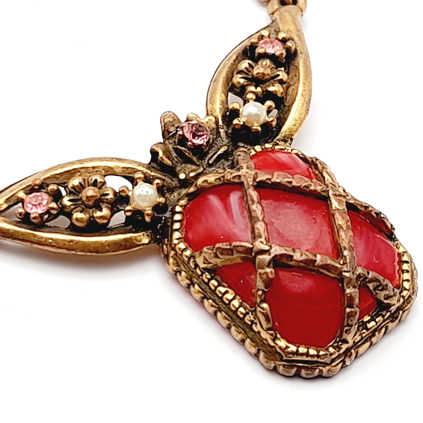 Vintage 1920s Red Thermoset Rhinestone Pendant Necklace, Art Deco, Pot Metal