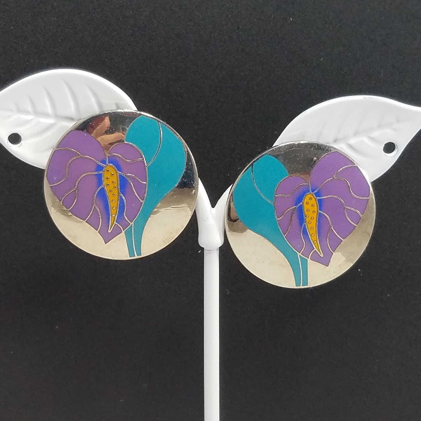 Vintage Laurel Burch "Antherium" Earrings, Rhodium Plated, 1980s Vintage Jewelry