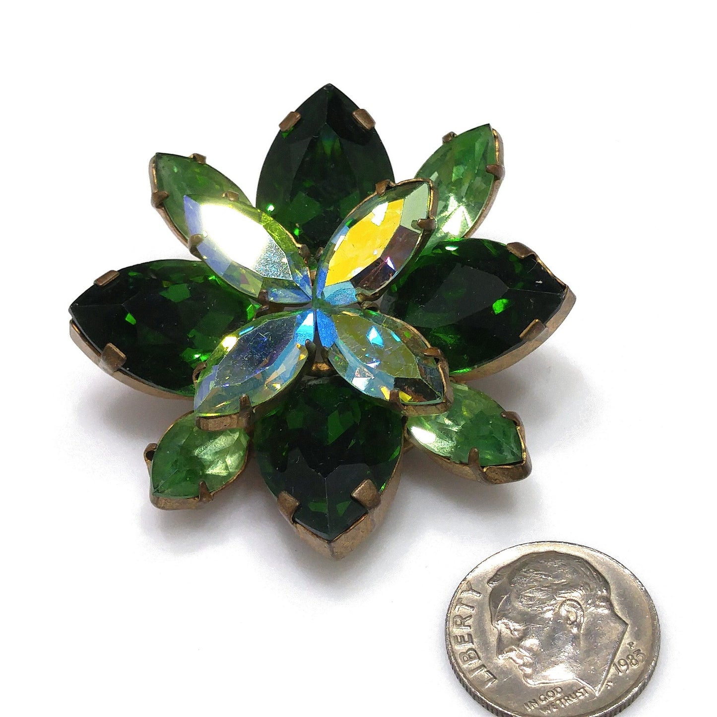 Austrian Green Crystal Rhinestone Brooch, Aurora Borealis, 1960s Vintage Jewelry