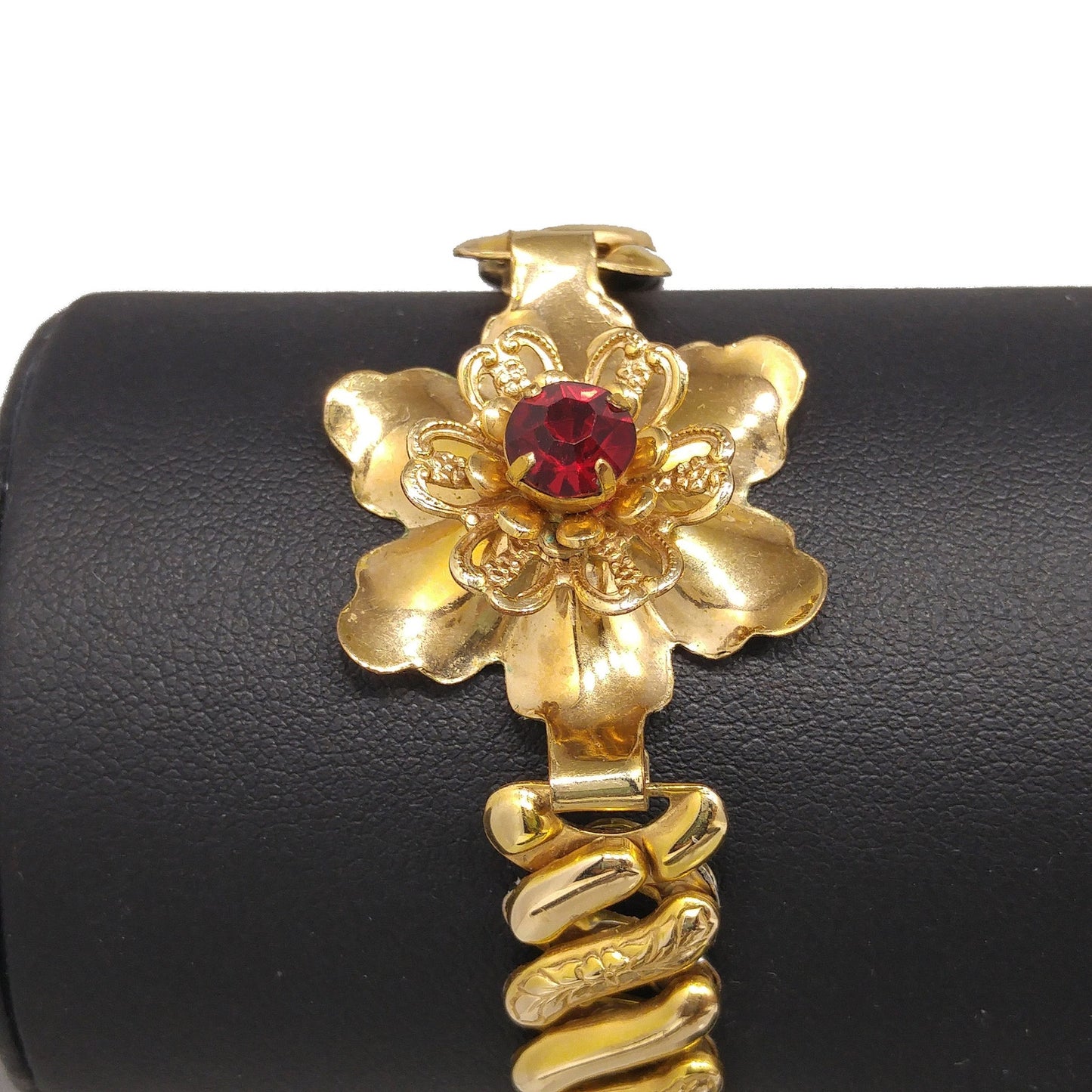 Barclay Gold Filled Flower Expansion Bracelet, Red Crystal Gold Flower