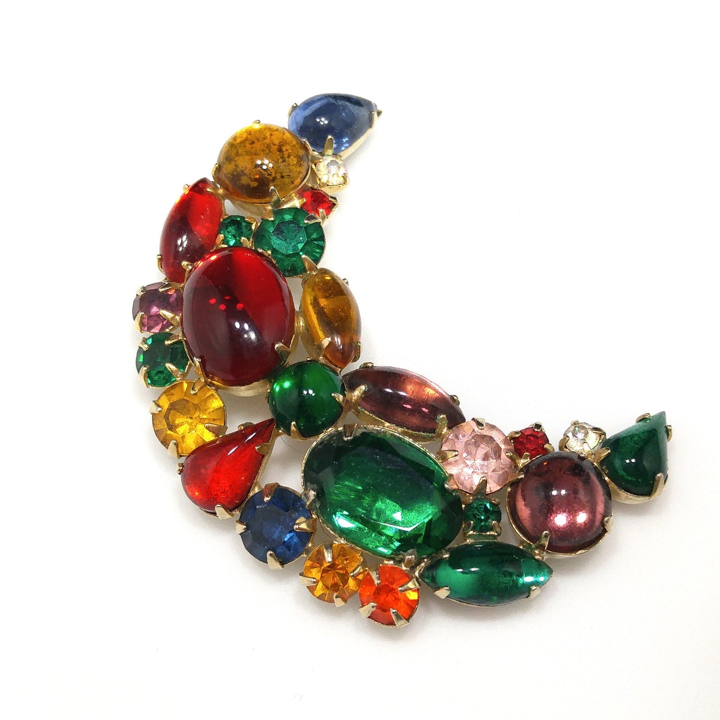 Weiss Crescent Moon Fruit Salad Brooch – Multicolor Cabochon Rhinestone 1950s