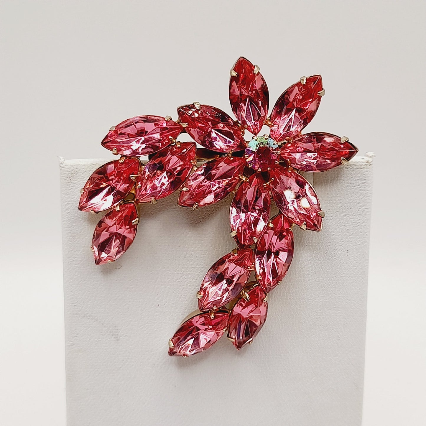 Vintage Pink Rhinestone Floral Brooch, Marquise Stones, 1950s Jewelry