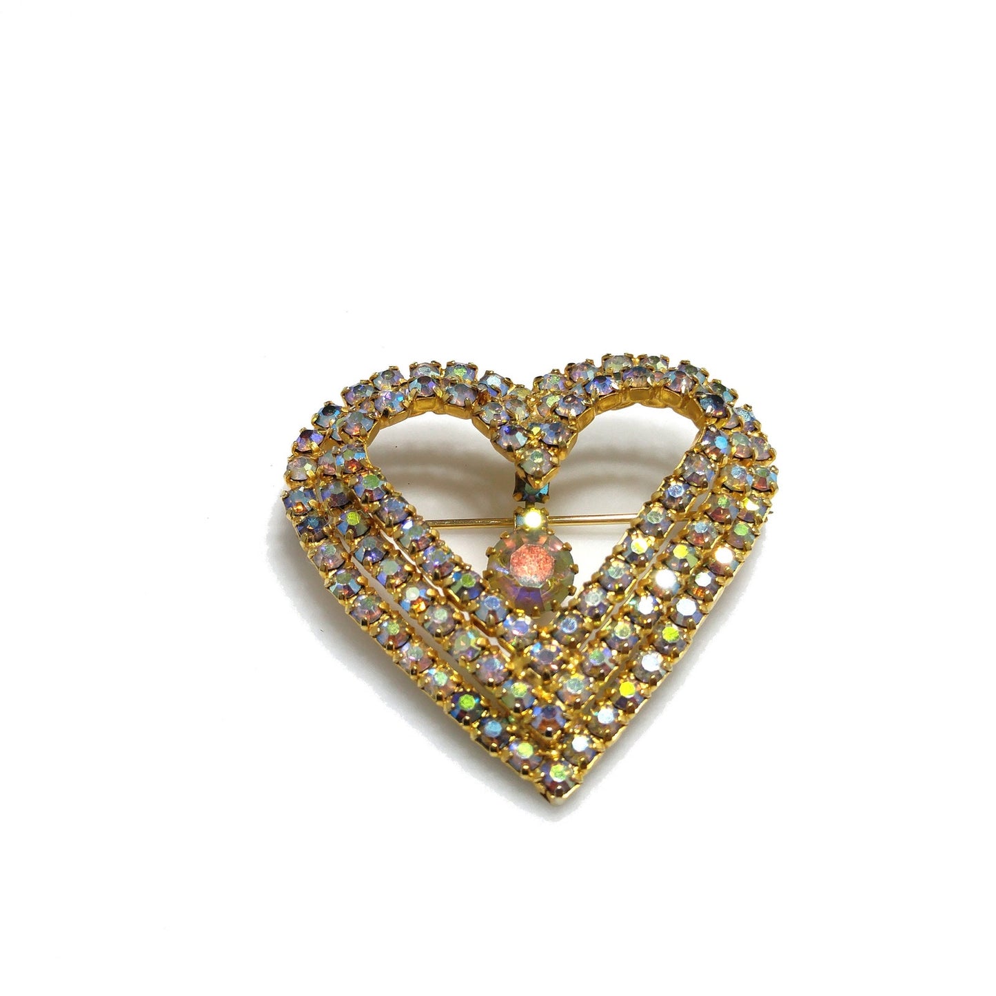 Aurora Borealis Heart Brooch, AB Rhinestone Dangle, 1960s Vintage Jewelry
