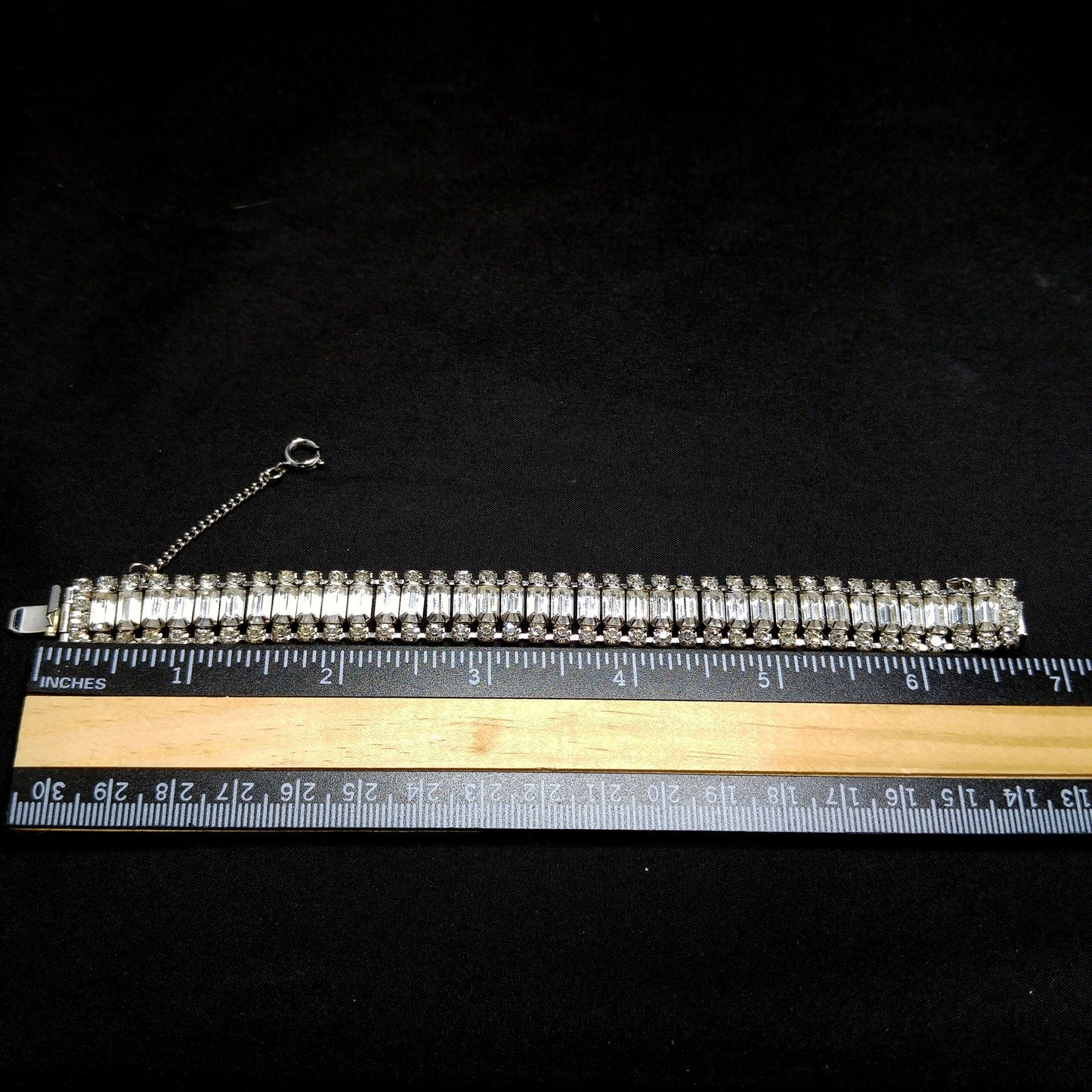 Weiss 1950s Clear Rhinestone Bracelet | Rhodium Plated Vintage Mid-Century Bridal Jewelry | Emerald-Cut Stones