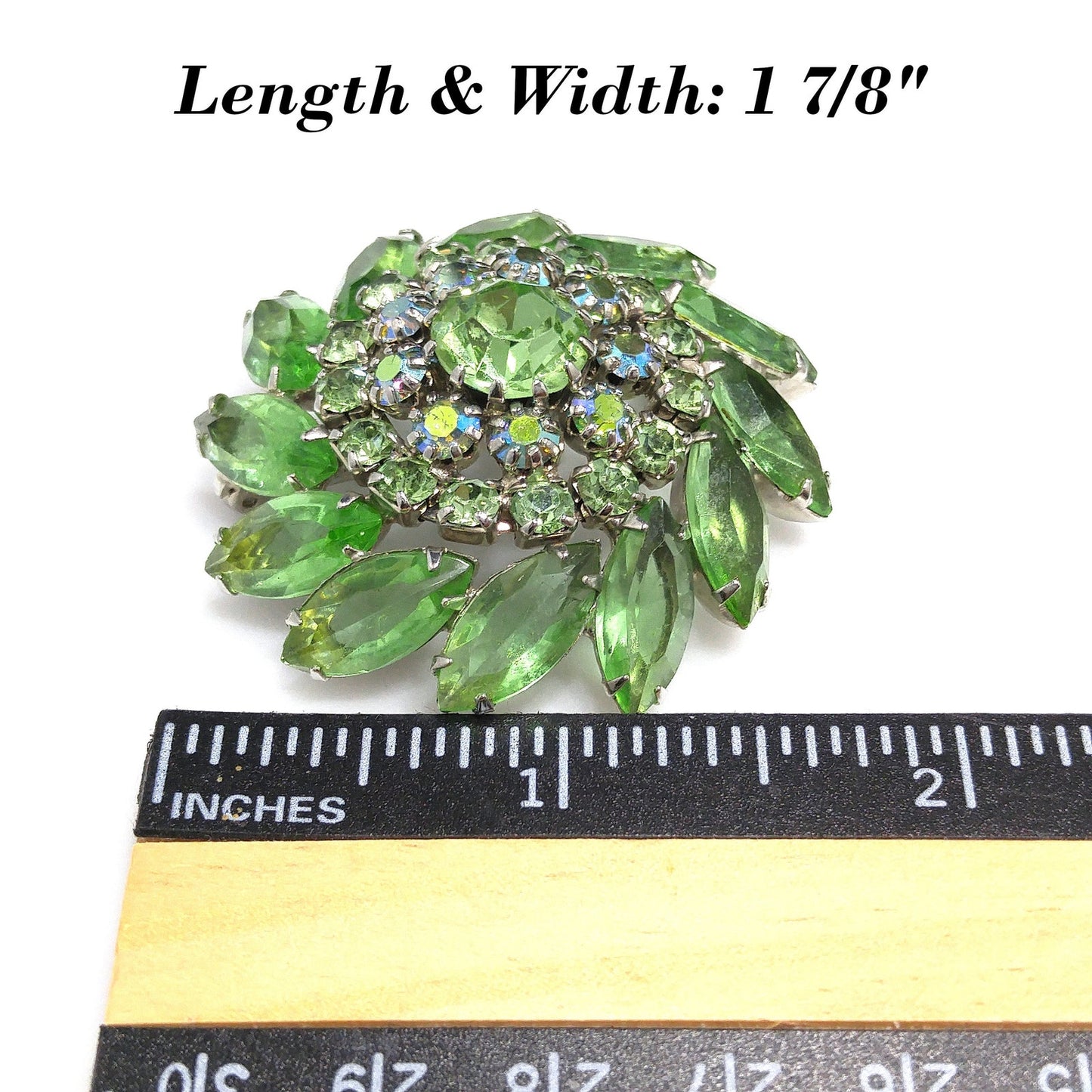 Vintage Peridot Green Rhinestone Domed Brooch, Aurora Borealis, 1960s