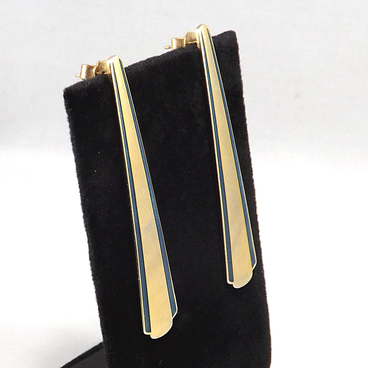 Laurel Burch Blue Enamel Long Post Earrings, Gold Plated, 1980s Vintage Jewelry