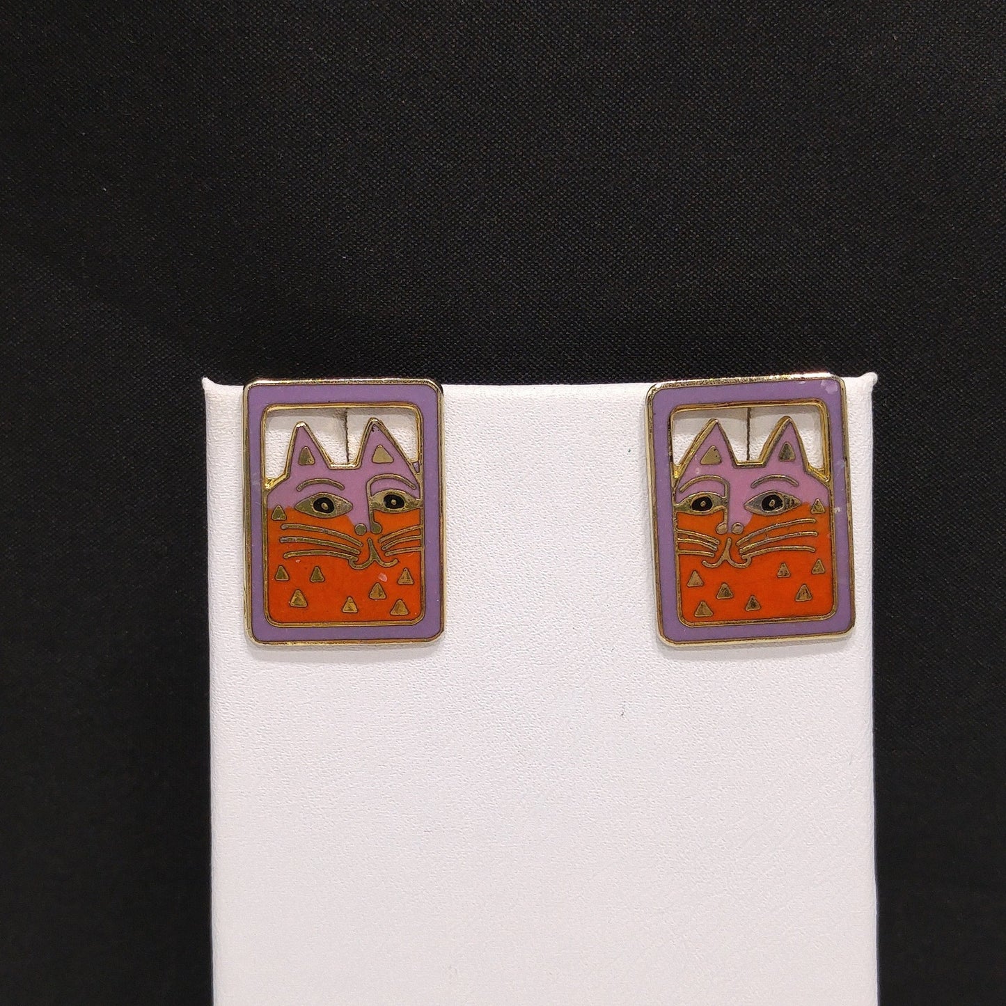 Vintage Laurel Burch "Mallory's Cat" Post Earrings, Gold Plated, Cloisonne