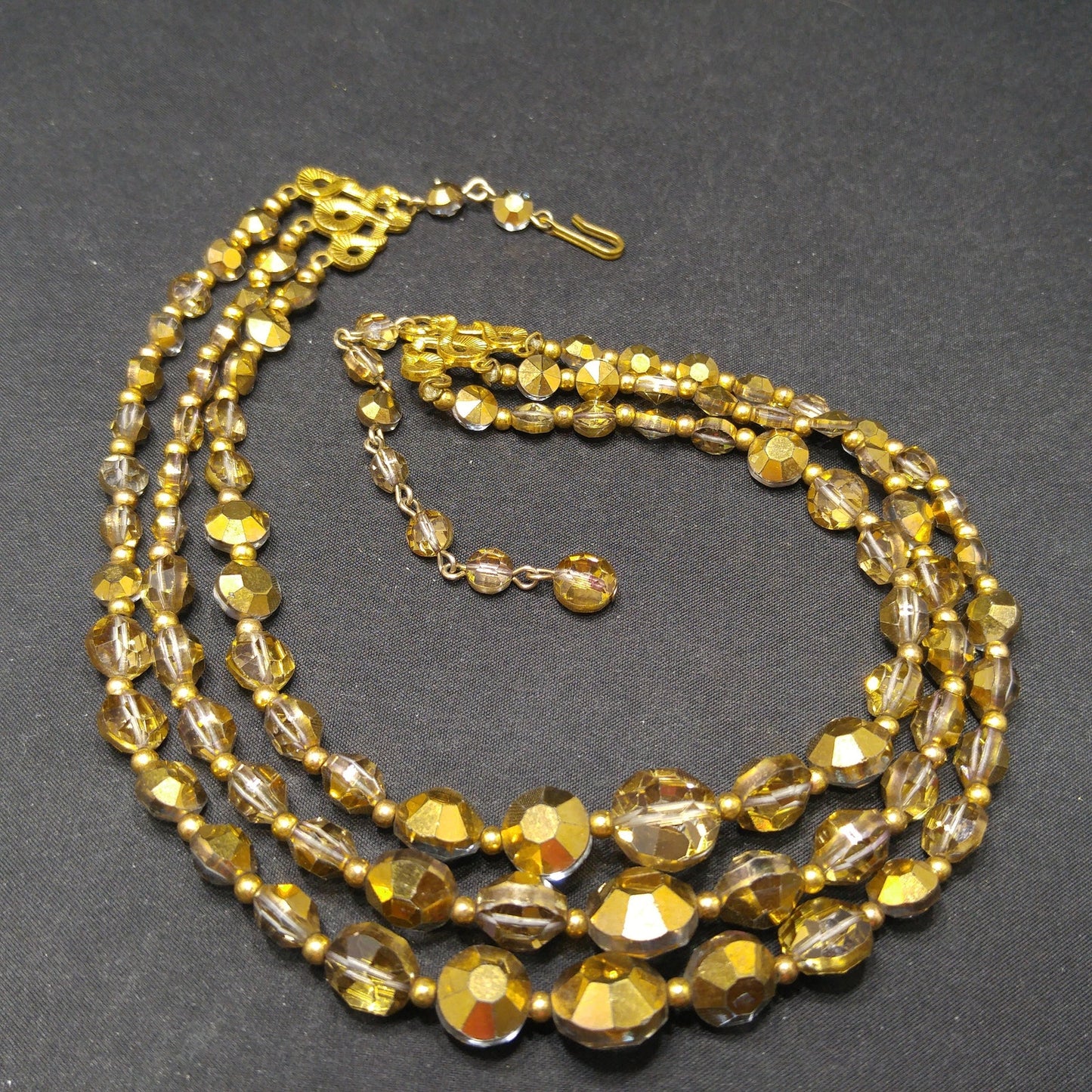 Mid-Century Gold Aspirin Crystal Bead Necklace, Three Strands, 1960s Vintage Jewelry