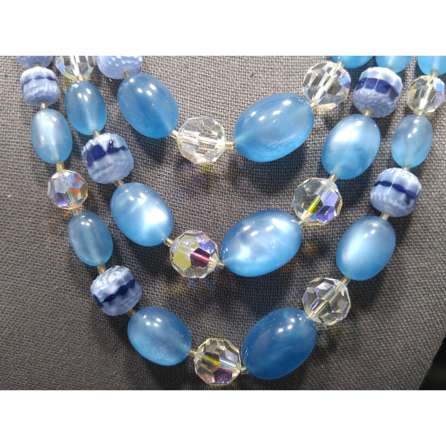 Blue Moonglow Crystal Art Glass Beaded Necklace, Three Strands, Crystal Clasp, 1950s Vintage Jewelry