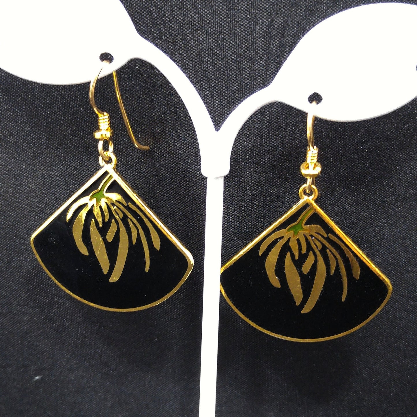 Laurel Burch Floral Earrings, Gold Plating, Black Enamel, Willow Fan, 1980s Vintage Jewelry