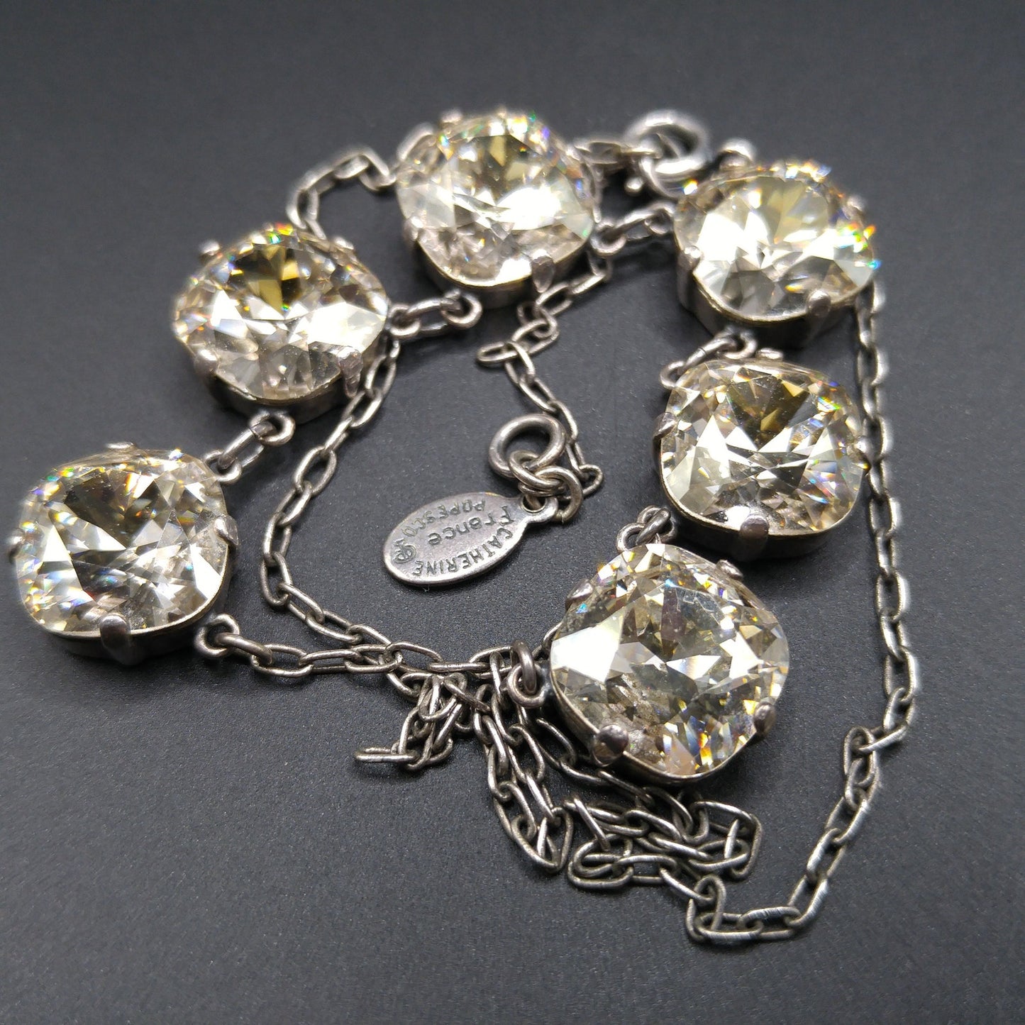 Catherine Popesco Art Deco Style Necklace, Clear Crystal Rhinestones, Silver Plated French Jewelry, 1980s Vintage Necklace