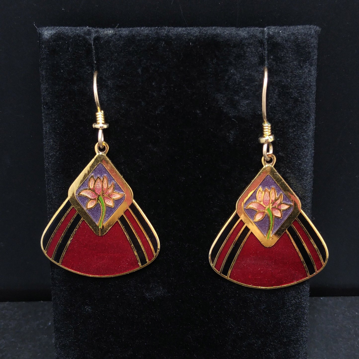 Vintage Laurel Burch "Water Lily" Earrings, Gold Plated, Red Enamel