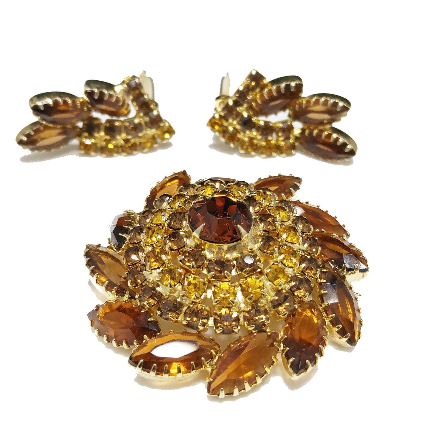 Domed Topaz Rhinestone Brooch & Earrings Set, Gold Plated, 1960s